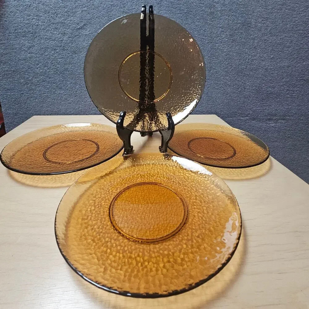 Set of 4 Vintage Amber Glass Salad Plates MCM Pebbled Textured Lunch 8.25